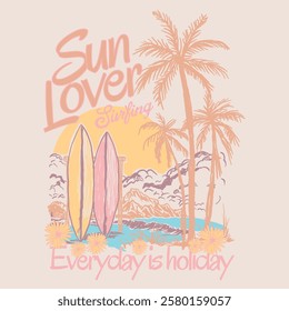 girls print design. summer beach sketch in hand drawn. women graphic tee. sun lover with surfing summer slogan print. surfboard in beach side. t shirt design. summer tee graphics. tropical retro arts