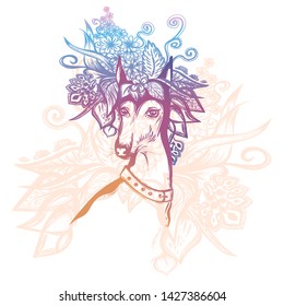 Girls print. Hand drawn beautiful face of dog with flowers for print t shirt. Pastel colors. Fashion illustration.