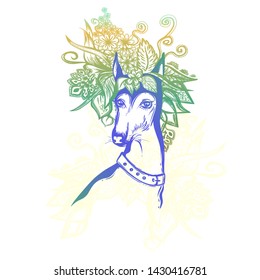 Girls prints. Colorful illustration on the white background. The dog with floral pattern. To be used for print t shirt, tattoo art. 