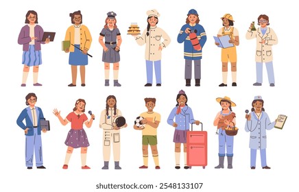 Chicas en trajes profesionales. Profesor y programador de Vector, mujer policía y cocinero, bombero y obrero de la construcción, científico y cantante, astronauta y jugador de fútbol, azafata y pediatra