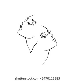 Girls profile with long eyelash line drawing, woman abstract portraits, beautiful face single line on white background, vector illustration. Tattoo, print and logo design for spa beauty salon.