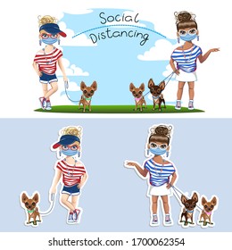 Girls in protective masks walk with dogs. Social distance. Set of vector stickers and illustrations.