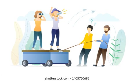 Girls protesting on moving platform illustration. Female activists holding loudspeakers cartoon characters. Young ladies promoting feminism values, fighting for women rights, gender equality.