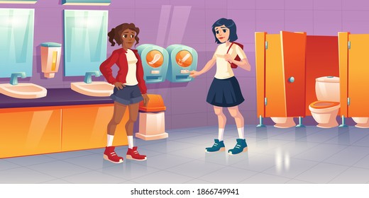 Girls In Public Toilet With Tampon And Pads Vending Machines. Vector Cartoon Interior Of School Restroom, Lavatory With Wc Bowl, Sink And Mirrors. Young Woman With Menstruation In Female Lavatory