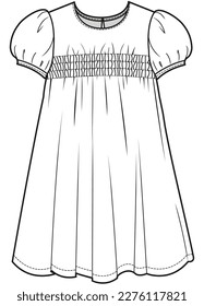 girls puff sleeve smocked dress flat sketch vector illustration short sleeve empire babydoll dress technical cad drawing template