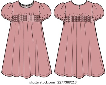 girls puff sleeve smocked dress flat sketch vector illustration short sleeve empire babydoll dress front and back view technical cad drawing template