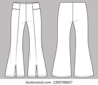 Girls Pull Up Flared Pants Fashion Technical Flat Sketch Mock Up Cad Design