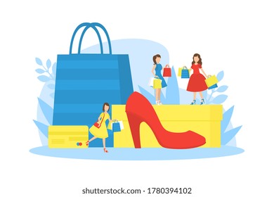 Girls Purchasing of Goods and Gifts on Seasonal Sale, Tiny Women and Huge Shopping Paper Bags Vector Illustration