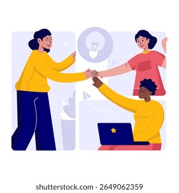 Meninas colocam as mãos juntas, Trabalho em equipe das mulheres com as mesmas ideias, Apoiar uns aos outros, Ilustração de vetor