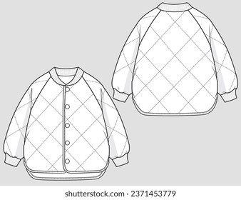 Girls Quilted Bomber Jacket Fashion Flat Technical Sketch Mockup Cad Design