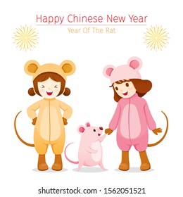 Girls In Rat Costumes With Rat, Happy, Chinese New Year 2020, Year Of The Rat, Traditional, Celebration, China, Culture