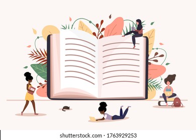 Girls reading a book in her hands. Smart students. Exam. Modern vector illustration in flat style.