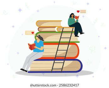 Girls reading books concept. School books pile. Education book heap. Bookstore, library icon. Science literature, dictionary. Study books pile. Studies symbol. Textbook stack for reading. 