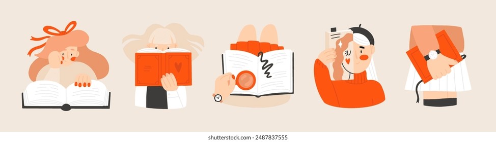 Girls reading books. Cute vector stickers set with book lovers. 