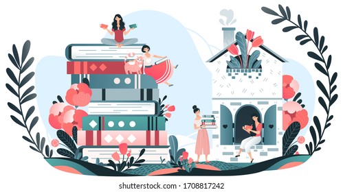 Girls reading books, lovers to read, knowledge and education, stacks of giant books, plants and flowers and readers cartoon vector illustration. Book store or library with literature for women.