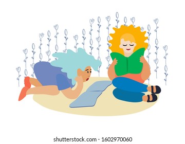 Girls reading books on a floor. Vector illustration. Flat style, isolated design element