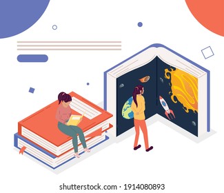 girls reading books with unverse teme ,book day celebration vector illustration design
