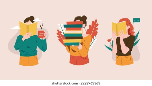 Girls reading and carrying books flat design illustration