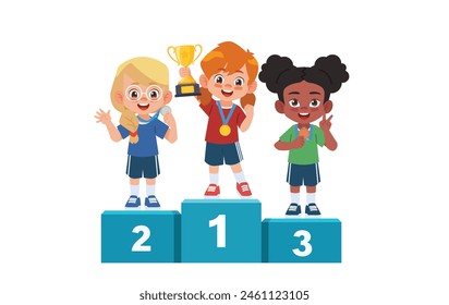 The girls received gold, silver and bronze medals. Stand on the winner's podium and hold the trophy.