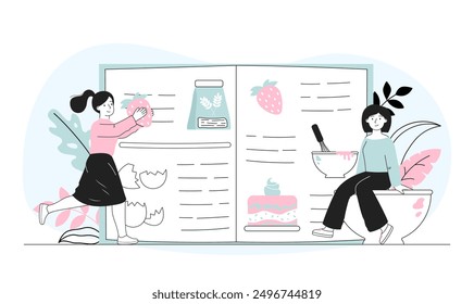 Chicas con recetario. Mujeres con bayas, harina cerca de la guía para cocineros. Proceso de preparación de alimentos. Cocina casera de panadería. Ilustración vectorial lineal aislada sobre fondo blanco