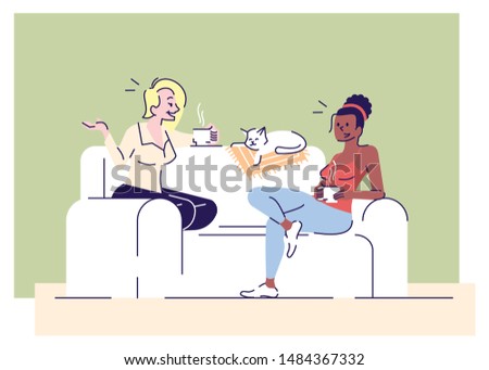 Girls relax at home flat vector illustrations. Young women, roommates sitting on sofa with pet animal, enjoying hot drink, gossiping cartoon characters with outline elements on green background