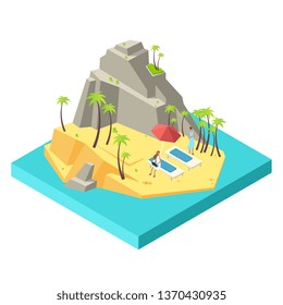 Girls relax and work on the island beach - downshifting and freelance isometric vector concept