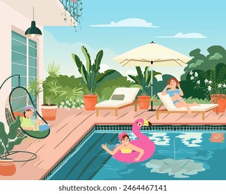 Girls relaxing by swimming pool in summer backyard. Happy young women swimming in water, sunbathing, resting on sun loungers at weekend. Summertime leisure, relaxation. Flat vector illustration