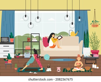 Girls relaxing at home reading book, practicing yoga, meditating. Fitness, candle meditation, vector illustration.