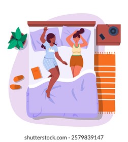 Girls relaxing on bed. Top view of women resting in bed. Comfort and coziness in apartment. Relax in bedroom. Proper daily routine and healthy sleep. Flat vector illustration