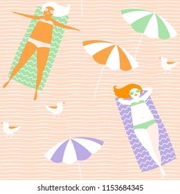 Girls relaxing on the sea shore illustration. Beautiful happy woman vector seamless pattern. Summer symbols and icons set.