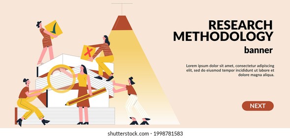 Girls research paper book with magnifying glass Public library visitor concept. Information document and encyclopedia for facts research and education. Flat vector illustration for web banner template