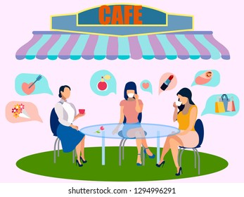 Girls rest in a cafe. Women talking points. In minimalist style. Flat isometric vector illustration