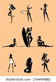 las chicas descansan en la playa. Conjunto de vectores