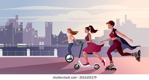 Girls ride along the embankment on a scooter, roller-blades and a mono-wheel. Vector illustration.