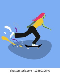 Girls ride on skateboards. Vector illustration.