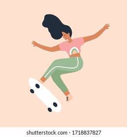 
Girls ride on skateboards. Youth is being trained. Modern illustration of people outdoor activities