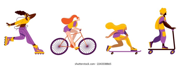 Girls ride roller skates, bicycles, scooters and skateboards. A set of vector illustrations with characters.