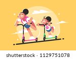 Girls riding kick scooter. Active sport and walk. Vector illustration