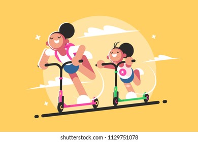 Girls riding kick scooter. Active sport and walk. Vector illustration