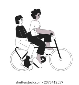 Girls riding on bicycle monochromatic flat vector characters. Entertainment. Friends activity. Editable thin line full body people on white. Simple bw cartoon spot image for web graphic design