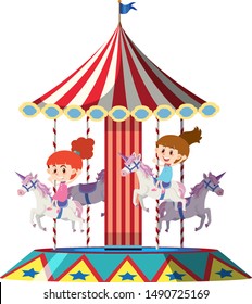 Girls riding on unicorn on merry go round illustration