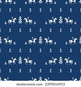 Girls riding on white horses, Merry Christmas And Happy New Year Greeting Card Winter Holidays Concept Banner Flat Vector Illustration