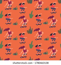 Girls riding skateboard vector seamless pattern. Two young women on skateboard, green cactuses around texture. Summertime fun. Design for textile, wrapping paper, web background, cover, wallpaper