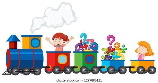 Girls riding a train with math number illustration