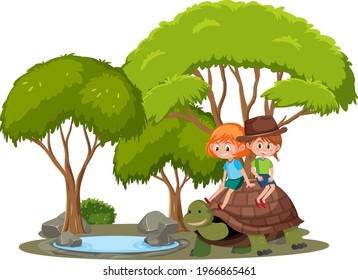 Girls riding turtle isolated illustration