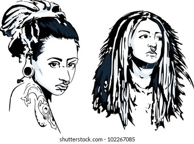 Girls with ring piercing in nose. Set of gray-mode vector illustrations.