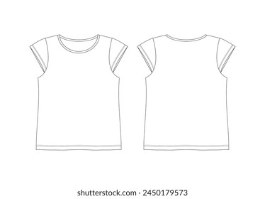 CHICAS RN CUT SLEEVE TOP FRONT AND BACK - Bocetos técnicos planos, delantero y trasero, silueta, maqueta, contorno, Plantilla de dibujo,