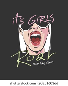 girls roar calligraphy slogan with girl in sunglasses screaming vector illustration on black background