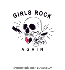 Girls rock again typography.Skull and rose hand drawing.