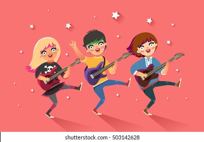 Girls rock band. Happy young girls with guitars at the party. Colorful vector illustration in flat style